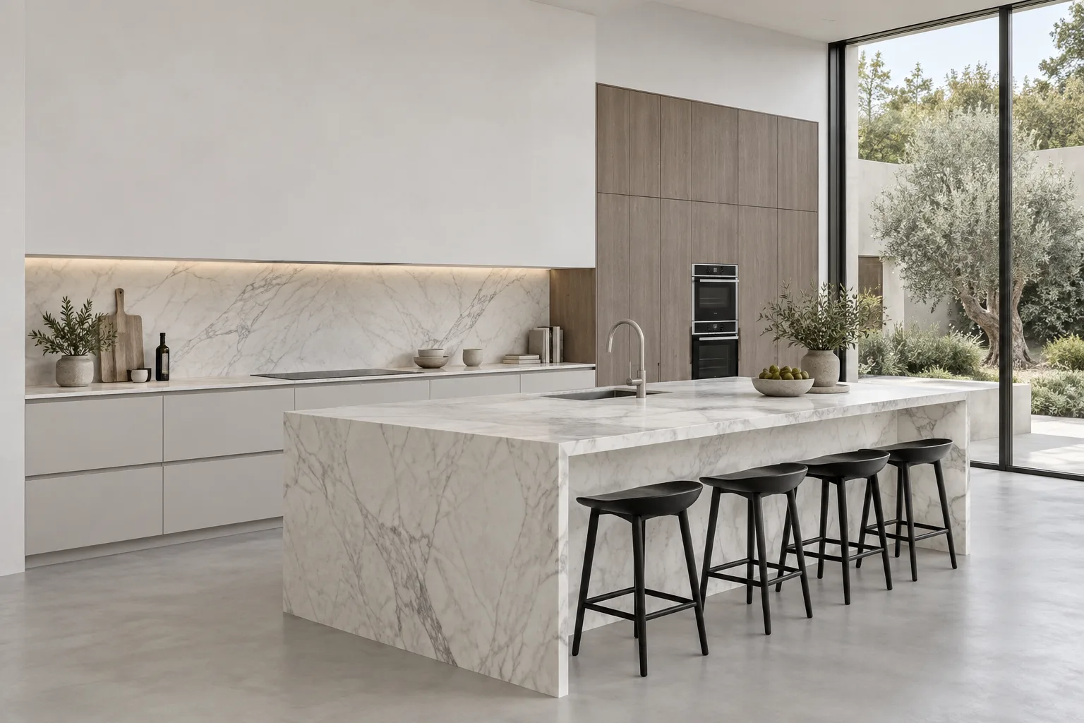 AI-generated kitchen concept: a marble island, pale cabinetry and courtyard glazing